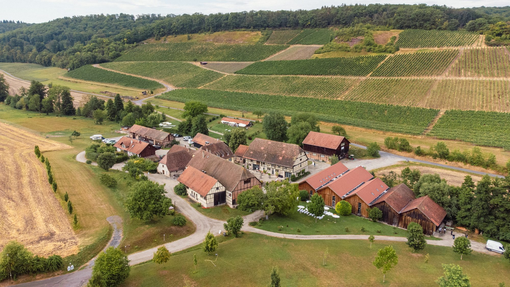 Der Steinbachhof von oben – eingebettet in die Weinberge des Strombergs
