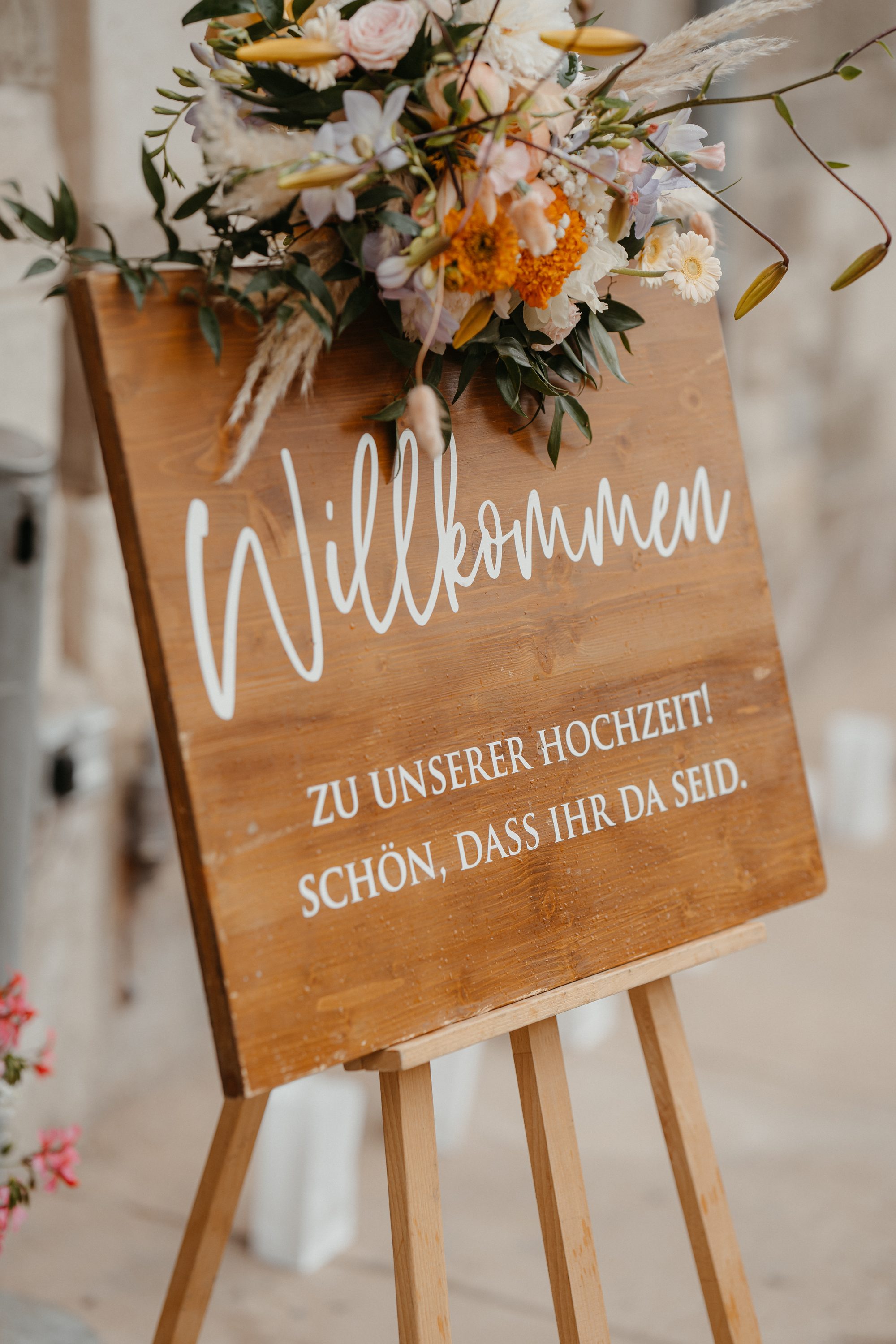 Willkommensschild bei einer Hochzeit auf dem Steinbachhof